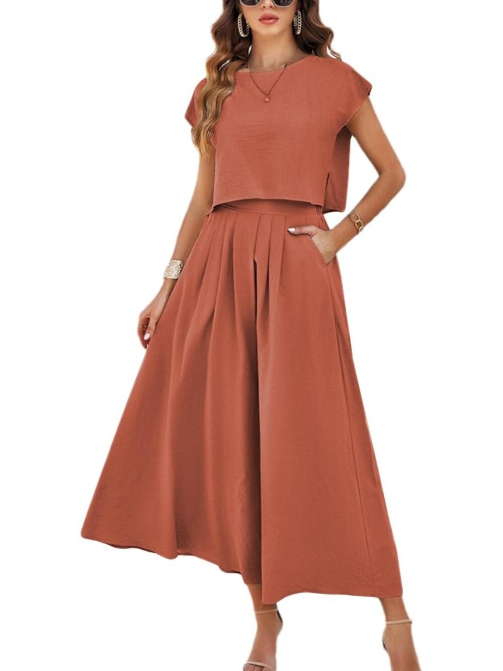 Women's Rust Casual 2 Piece Outfits Crop Tops Cap Sleeve Waisted Maxi Dresses